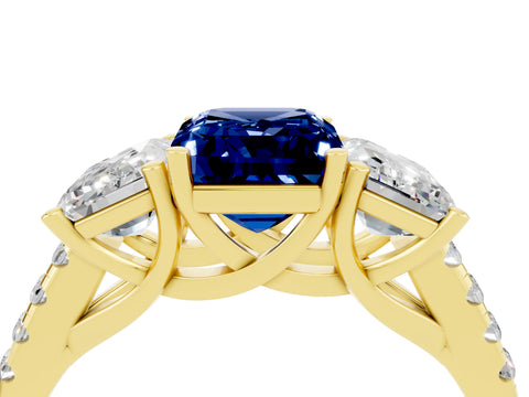 Yellow gold Three-Stone Emerald Cut Blue Sapphire Ring with Pavé Band and Prong Setting_16