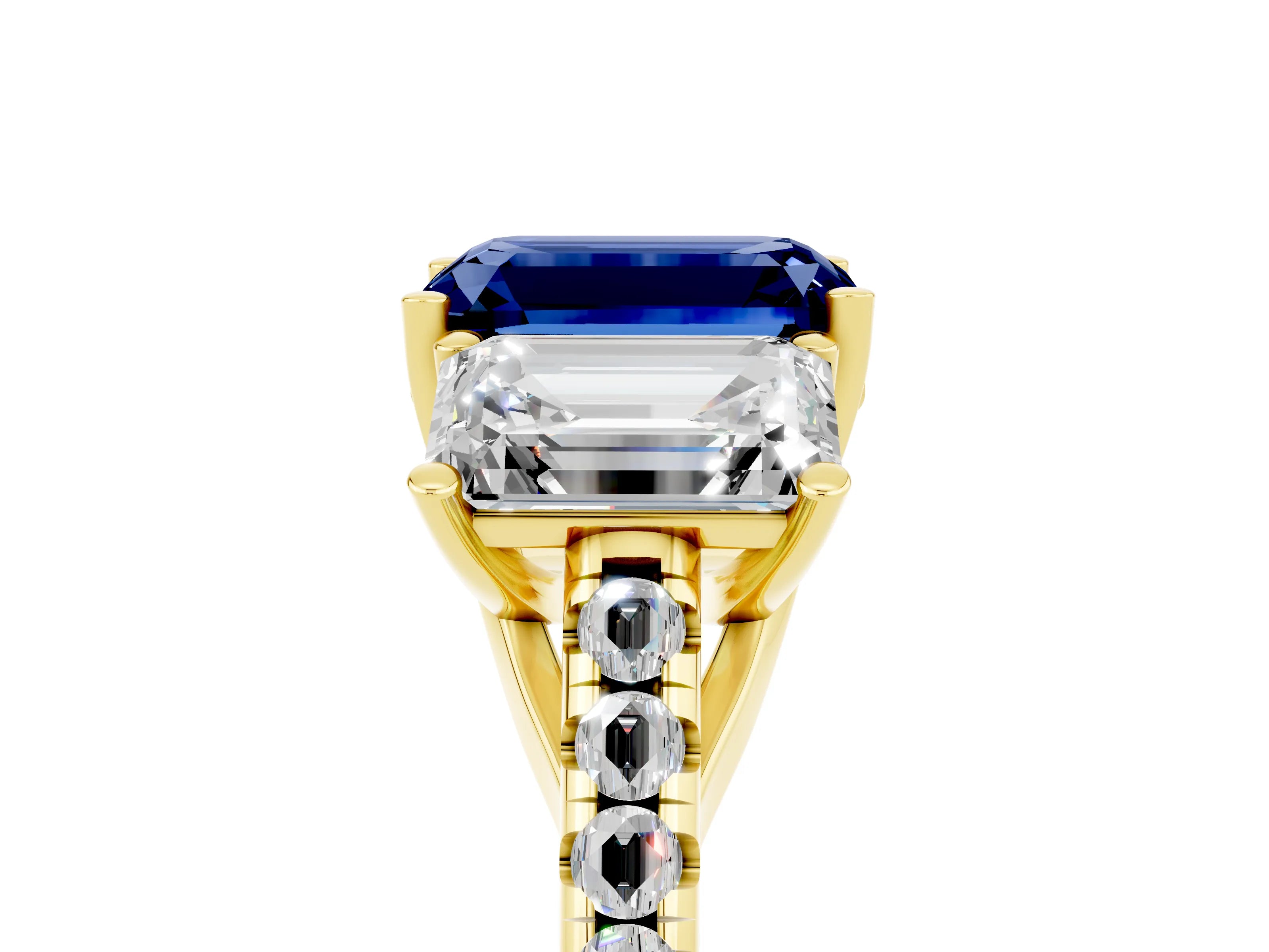 Yellow gold Three-Stone Emerald Cut Blue Sapphire Ring with Pavé Band and Prong Setting_17