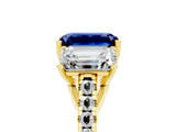 Yellow gold Three-Stone Emerald Cut Blue Sapphire Ring with Pavé Band and Prong Setting_17