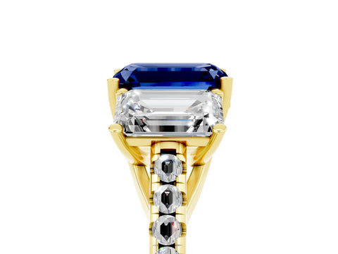 Yellow gold Three-Stone Emerald Cut Blue Sapphire Ring with Pavé Band and Prong Setting_17