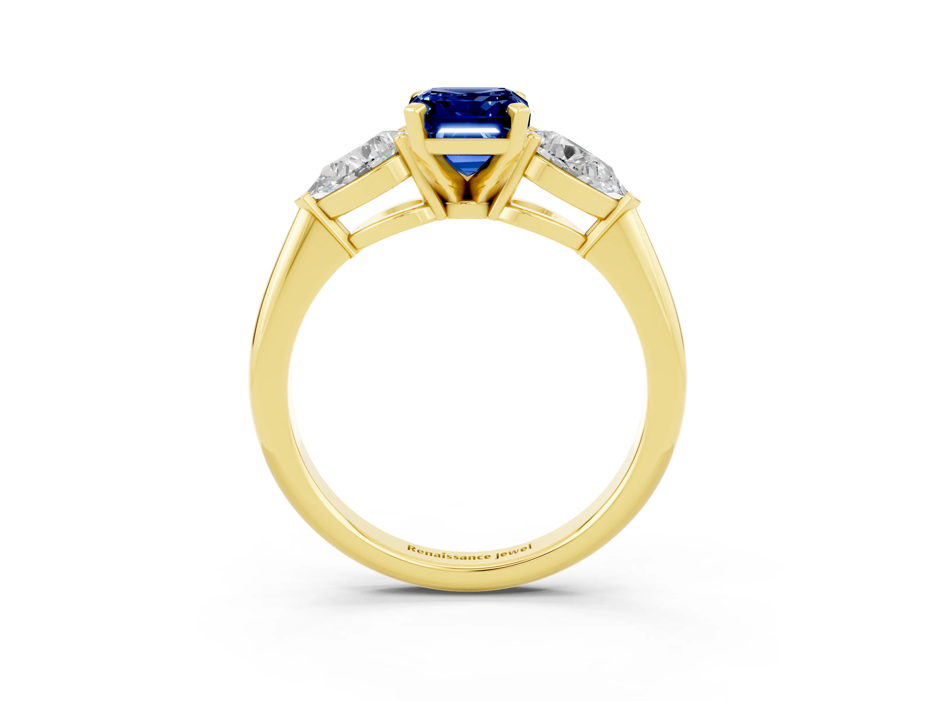 Yellow gold Three-Stone Emerald Cut Blue Sapphire Ring with Pear Side Stones and Four-Prong Setting_3