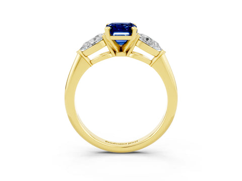Yellow gold Three-Stone Emerald Cut Blue Sapphire Ring with Pear Side Stones and Four-Prong Setting_3