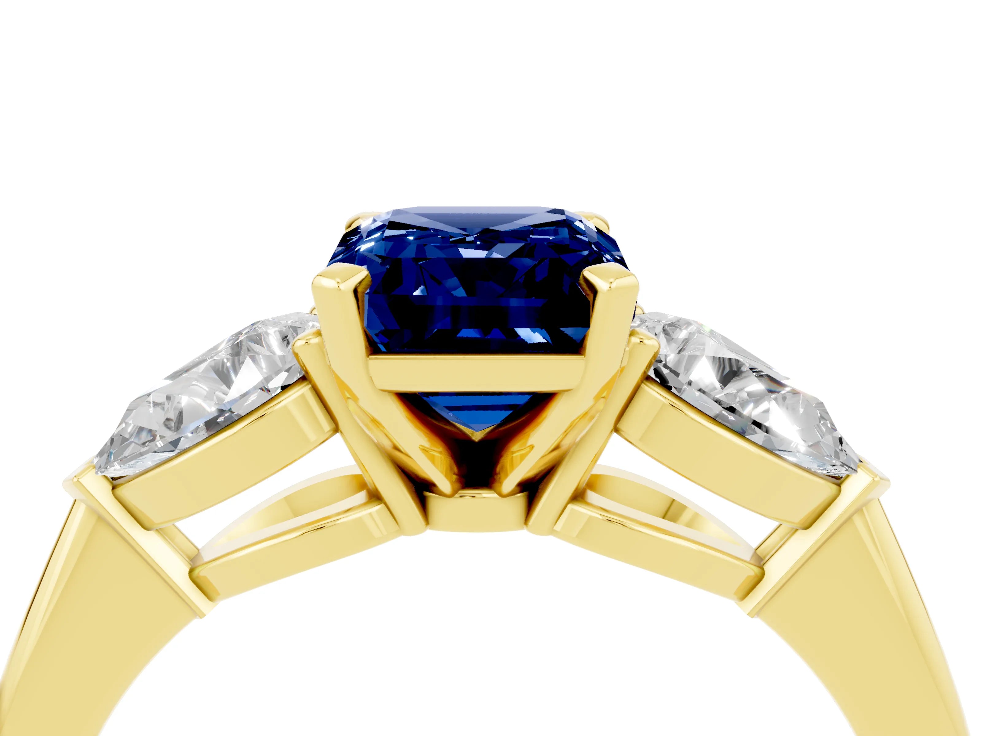 Yellow gold Three-Stone Emerald Cut Blue Sapphire Ring with Pear Side Stones and Four-Prong Setting_4
