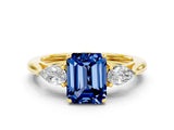 Yellow gold Three-Stone Emerald Cut Blue Sapphire Ring with Pear  Side Stones in Four-Prong Setting_12