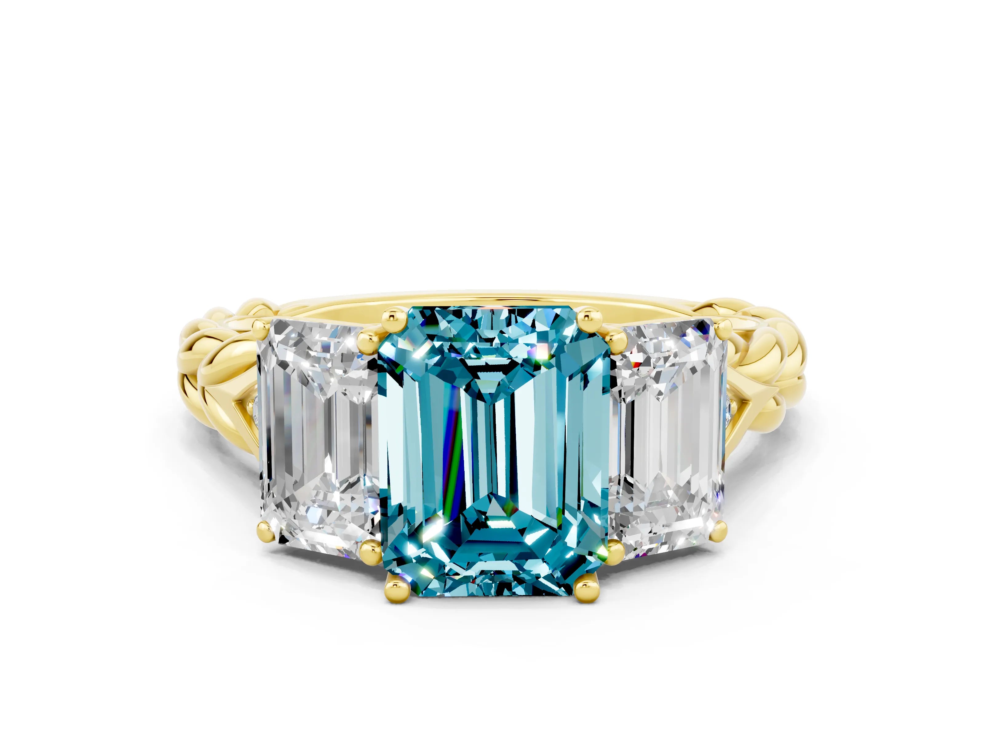 Yellow gold Three-Stone Emerald Cut Blue Topaz Braided Band Ring with Four-Prong Setting_36