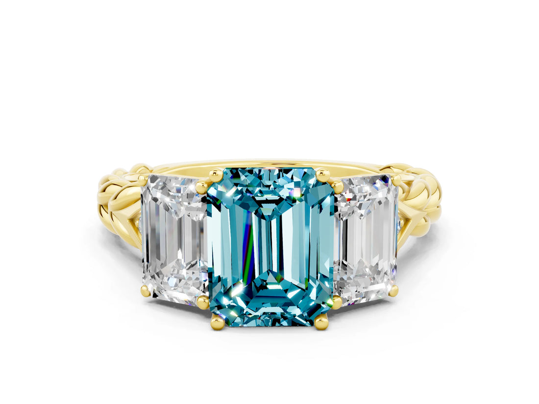 Yellow gold Three-Stone Emerald Cut Blue Topaz Braided Band Ring with Four-Prong Setting_36