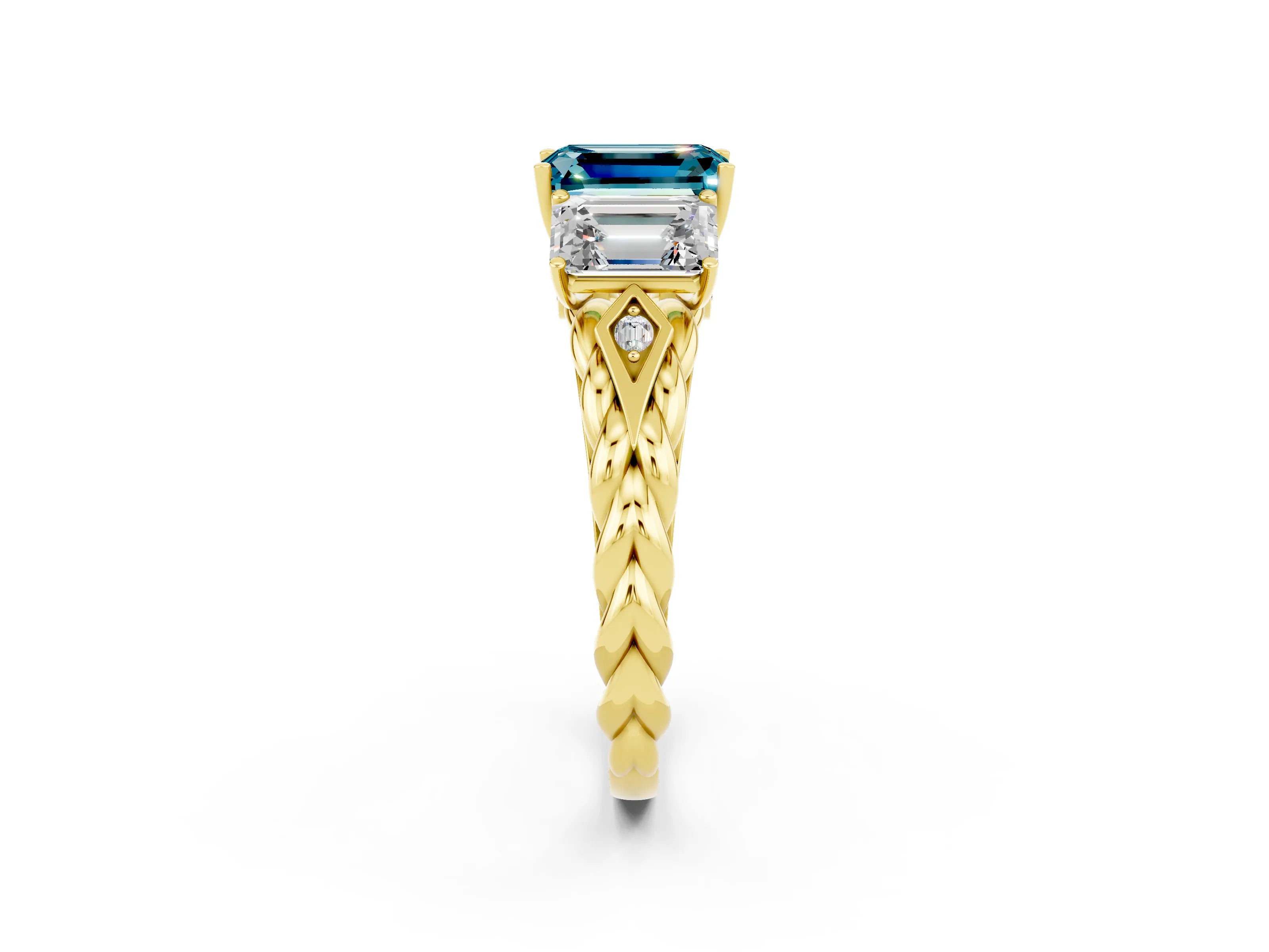 Yellow gold Three-Stone Emerald Cut Blue Topaz Braided Band Ring with Four-Prong Setting_38