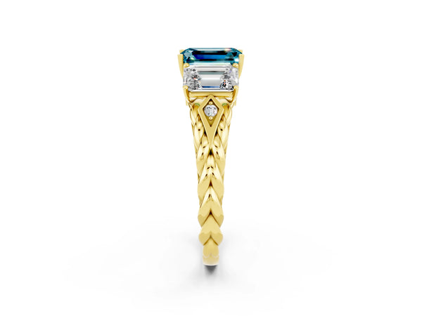 Yellow gold Three-Stone Emerald Cut Blue Topaz Braided Band Ring with Four-Prong Setting