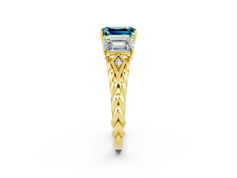 Yellow gold Three-Stone Emerald Cut Blue Topaz Braided Band Ring with Four-Prong Setting_38