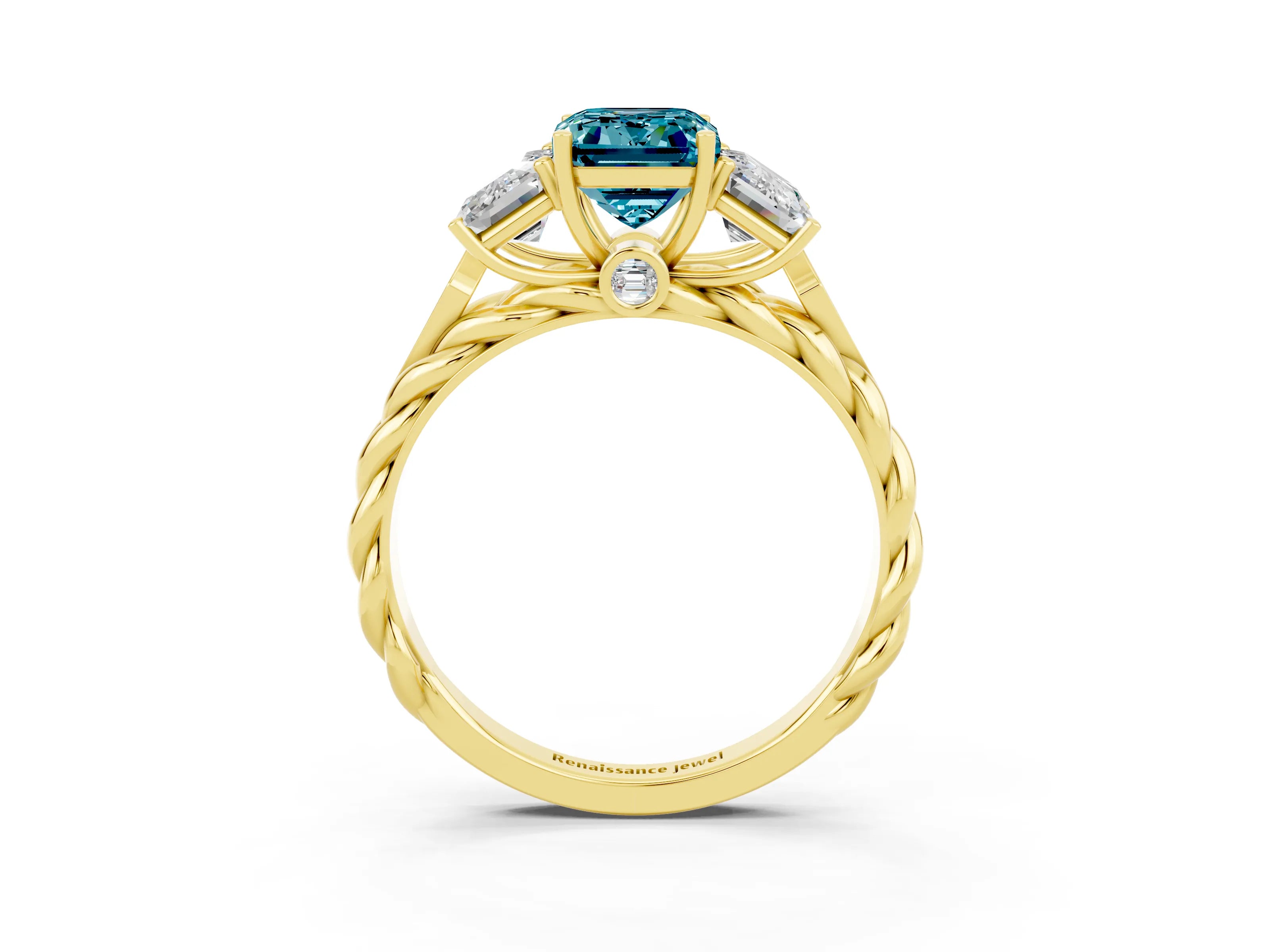 Yellow gold Three-Stone Emerald Cut Blue Topaz Braided Band Ring with Four-Prong Setting_39