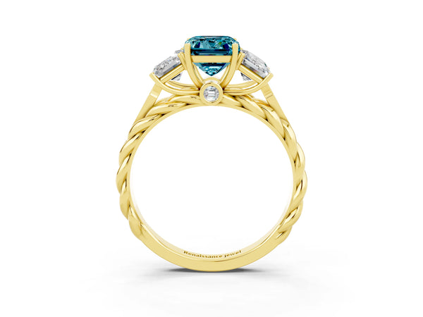Yellow gold Three-Stone Emerald Cut Blue Topaz Braided Band Ring with Four-Prong Setting