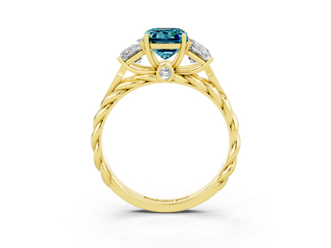 Yellow gold Three-Stone Emerald Cut Blue Topaz Braided Band Ring with Four-Prong Setting_39