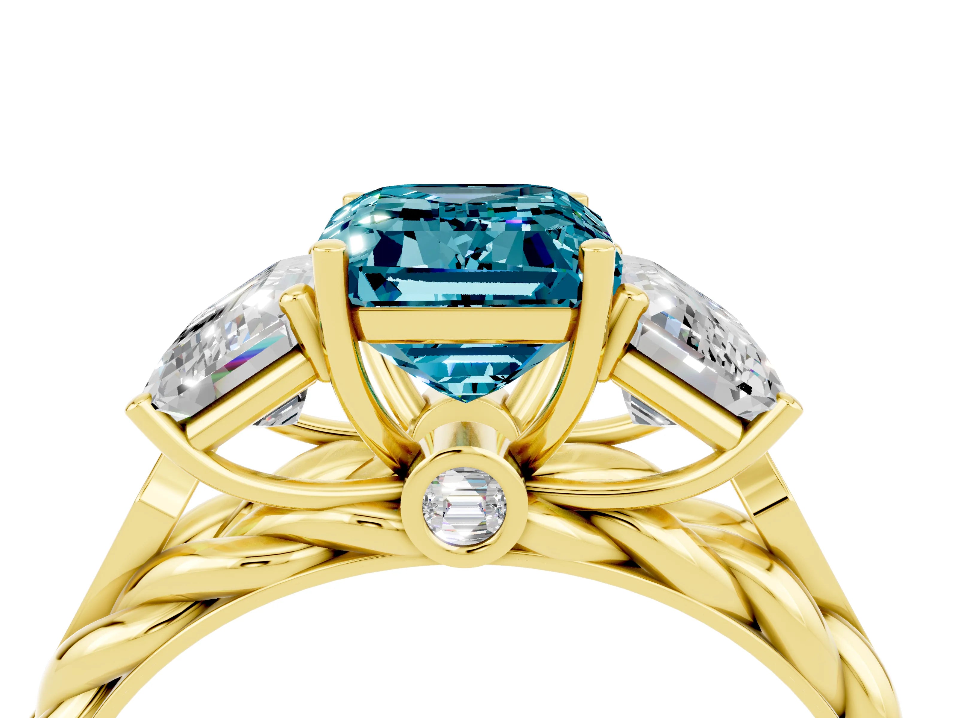 Yellow gold Three-Stone Emerald Cut Blue Topaz Braided Band Ring with Four-Prong Setting_40