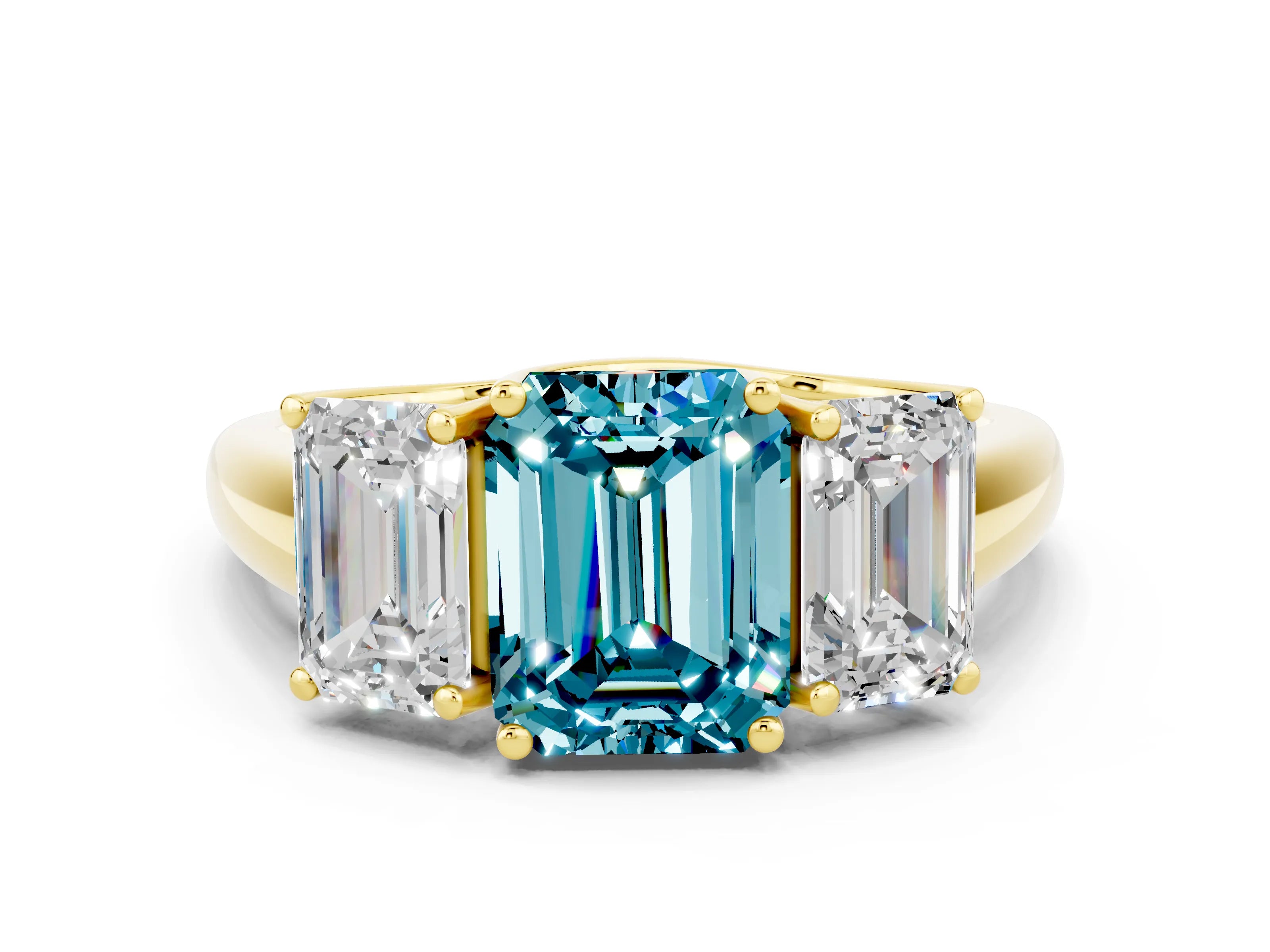 Yellow gold Three-Stone Emerald Cut Blue Topaz Engagement Ring with Prong Setting