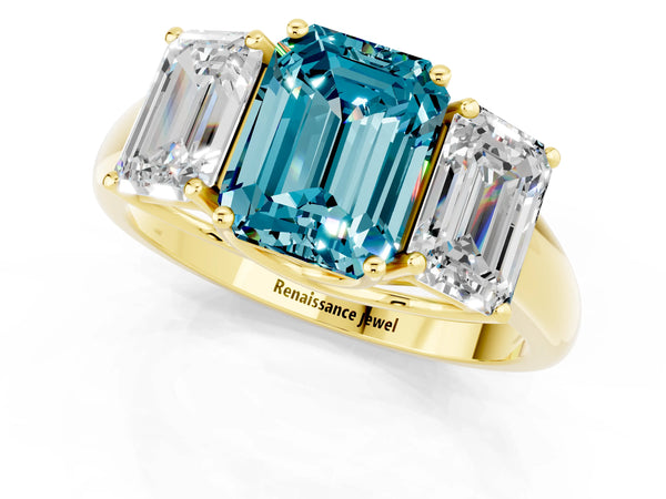 Yellow gold Three-Stone Emerald Cut Blue Topaz Engagement Ring with Prong Setting