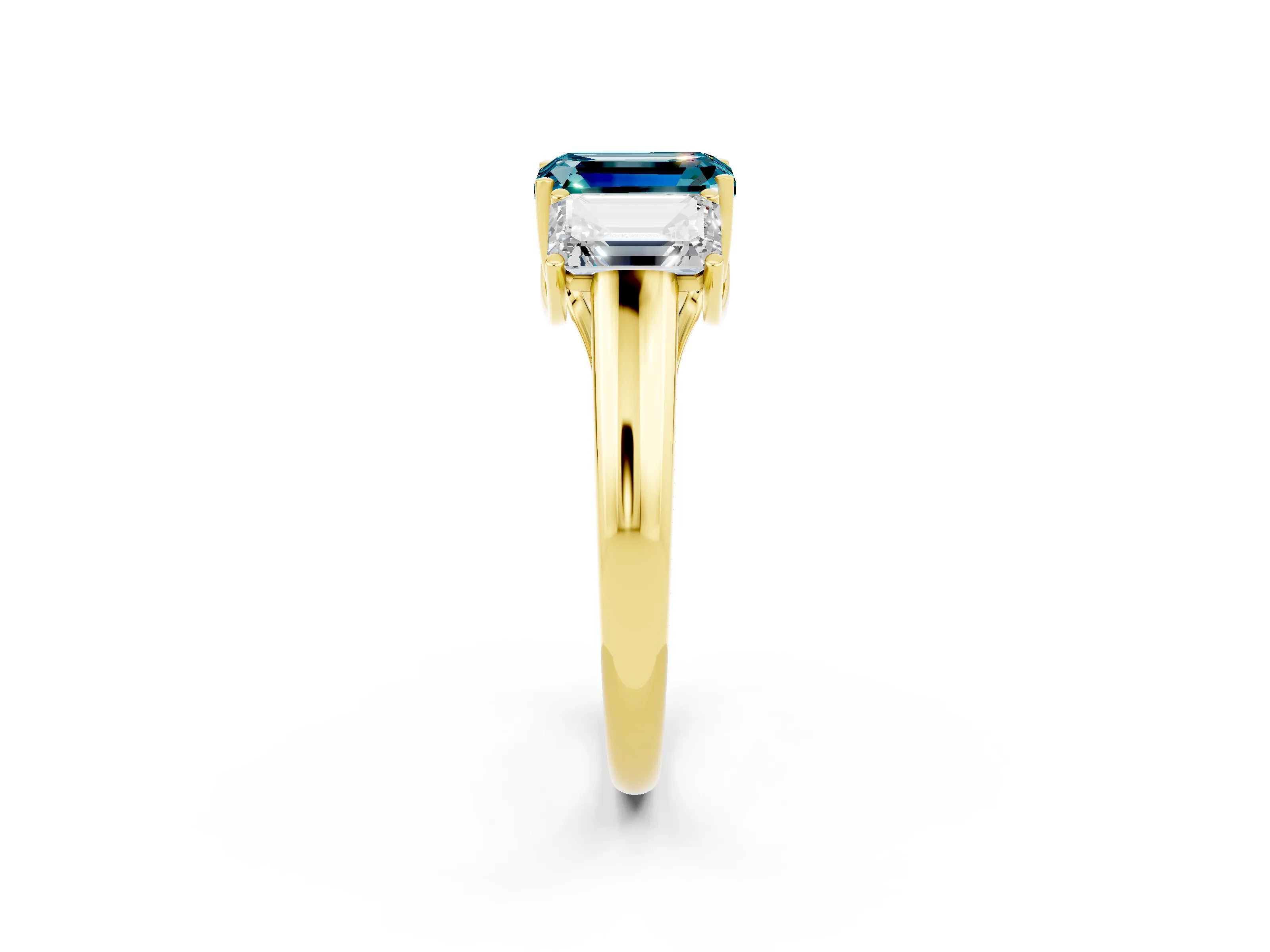 Yellow gold Three-Stone Emerald Cut Blue Topaz Engagement Ring with Prong Setting_2