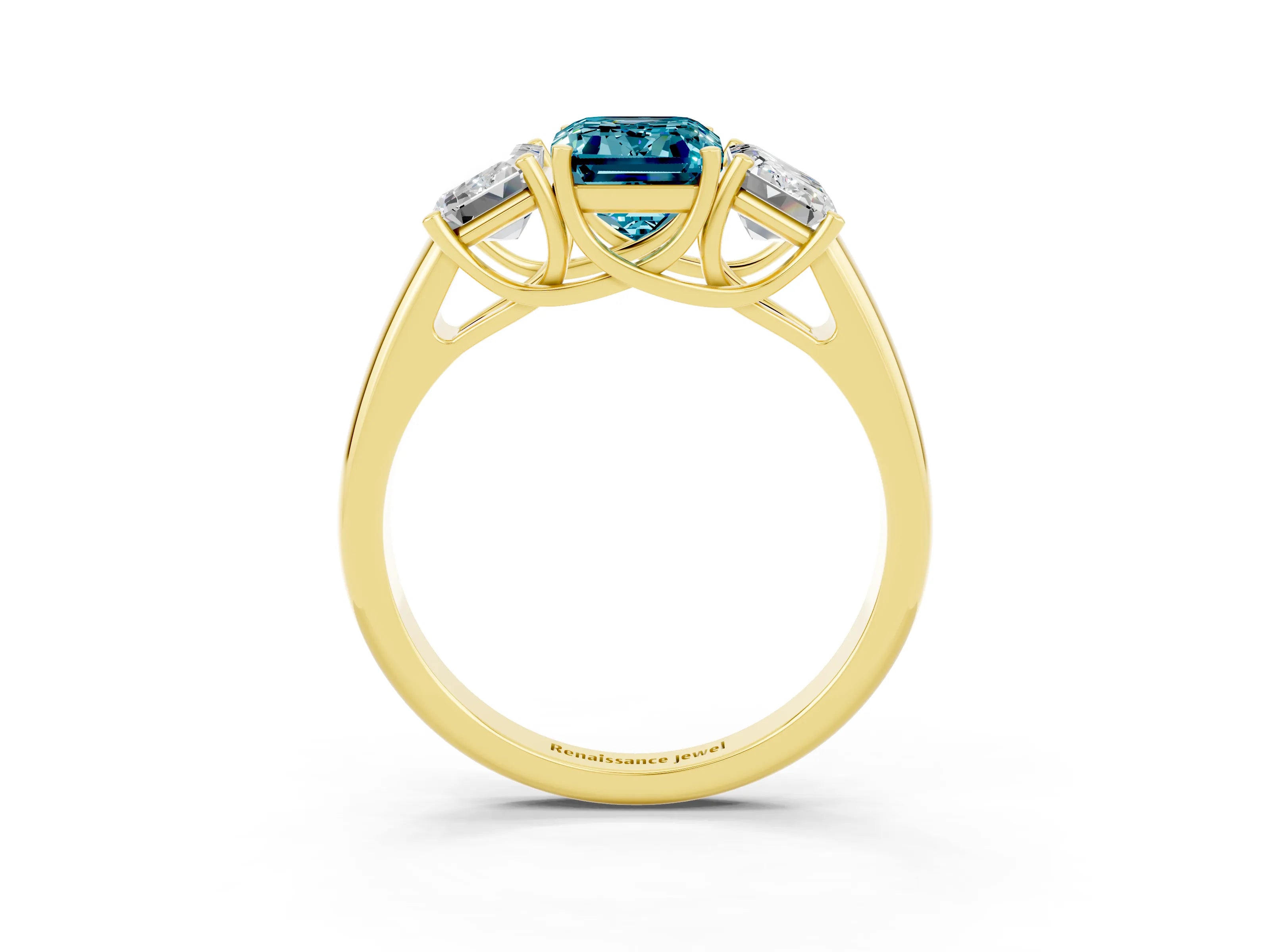 Yellow gold Three-Stone Emerald Cut Blue Topaz Engagement Ring with Prong Setting_3