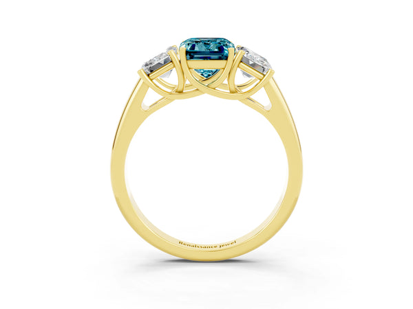 Yellow gold Three-Stone Emerald Cut Blue Topaz Engagement Ring with Prong Setting