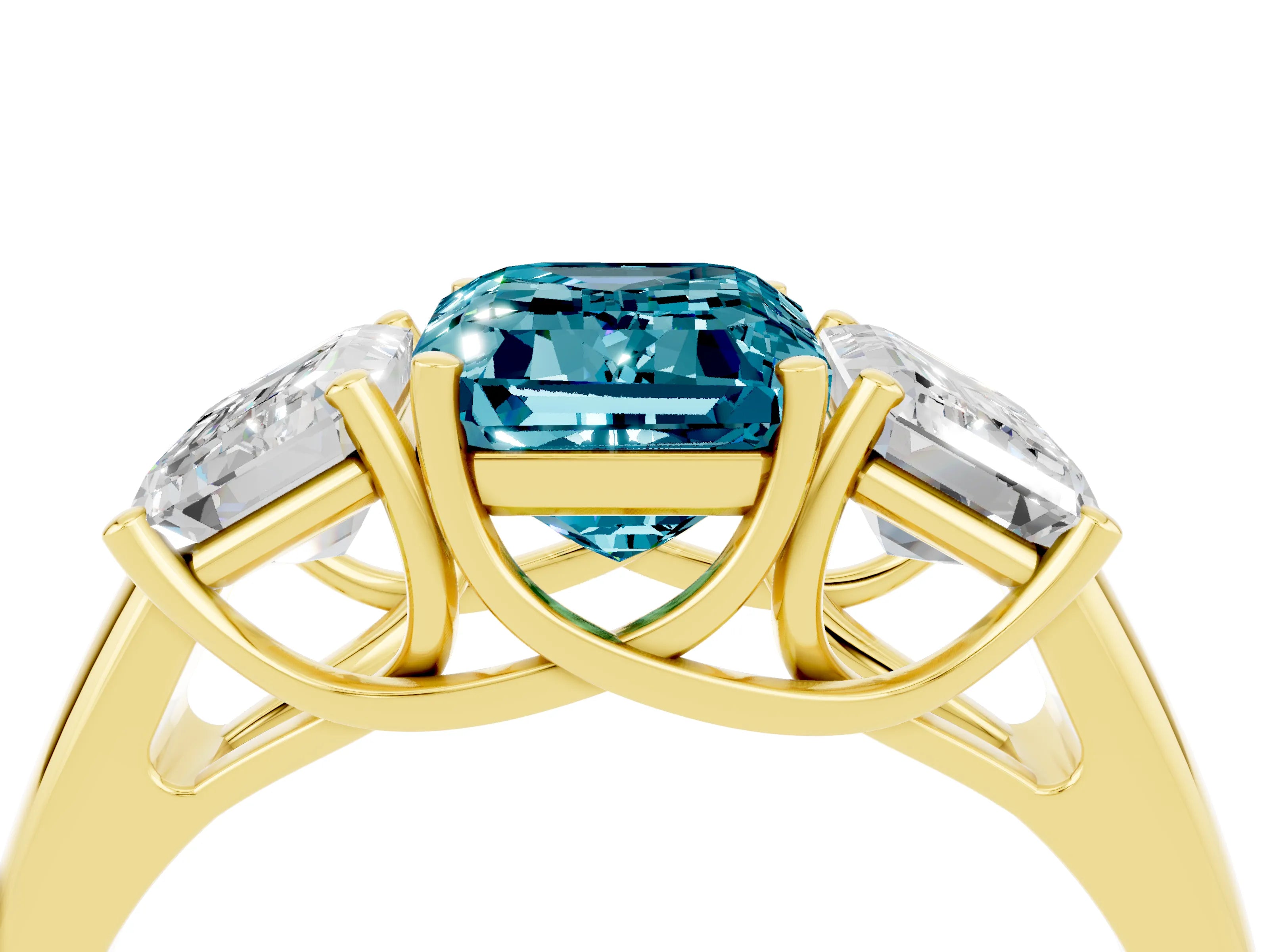Yellow gold Three-Stone Emerald Cut Blue Topaz Engagement Ring with Prong Setting_4