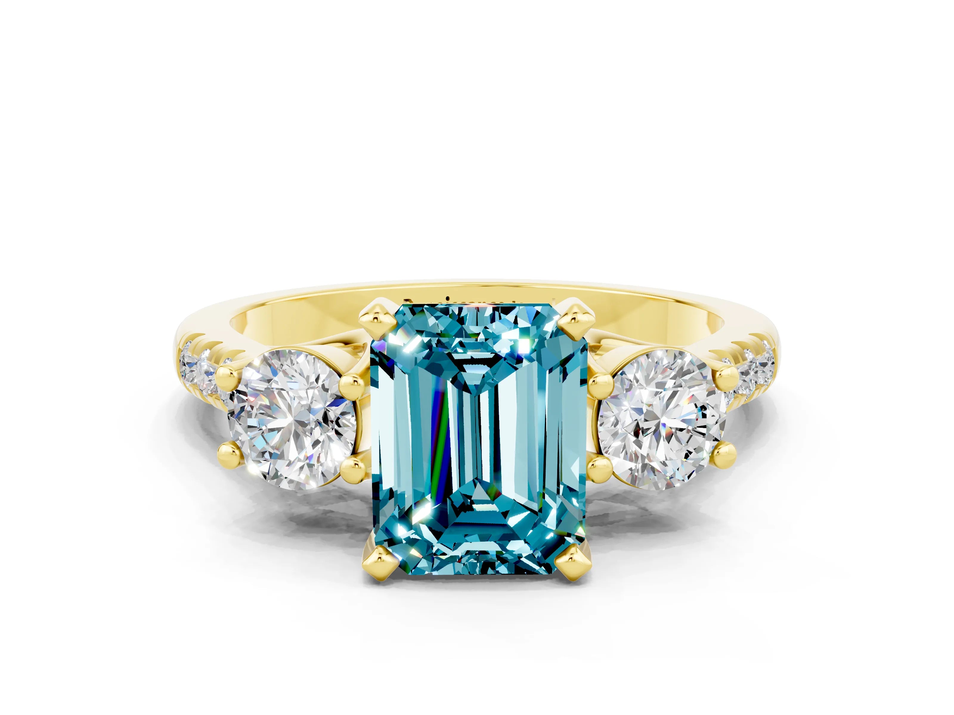Yellow gold Three-Stone Emerald Cut Blue Topaz Pavé Band with Four-Prong Setting