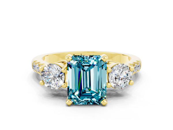 Yellow gold Three-Stone Emerald Cut Blue Topaz Pavé Band with Four-Prong Setting