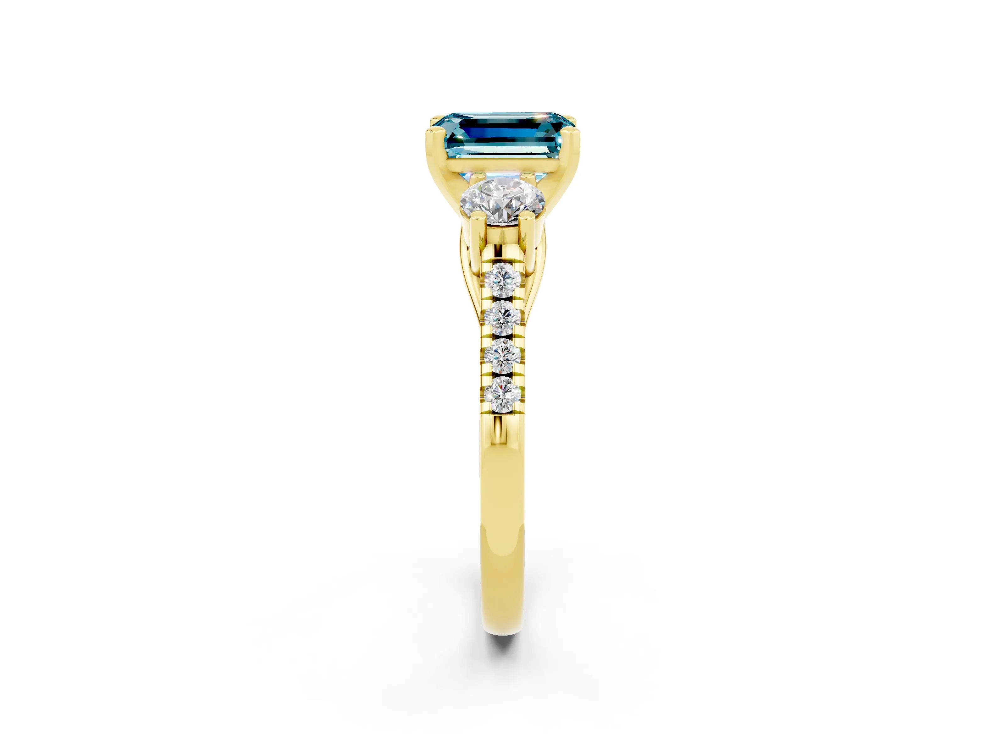 Yellow gold Three-Stone Emerald Cut Blue Topaz Pavé Band with Four-Prong Setting_2