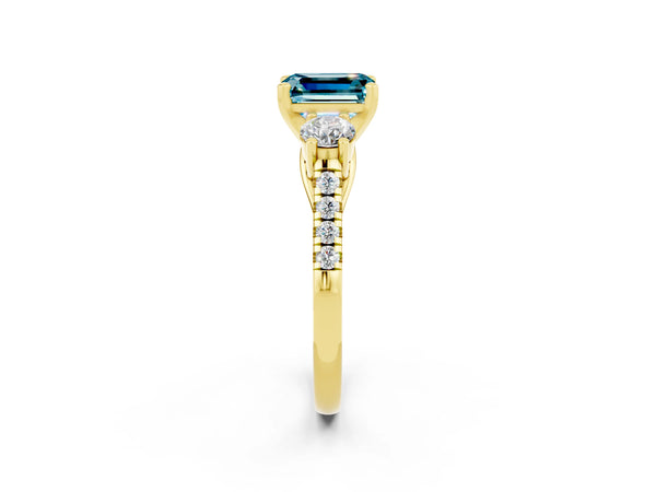 Yellow gold Three-Stone Emerald Cut Blue Topaz Pavé Band with Four-Prong Setting