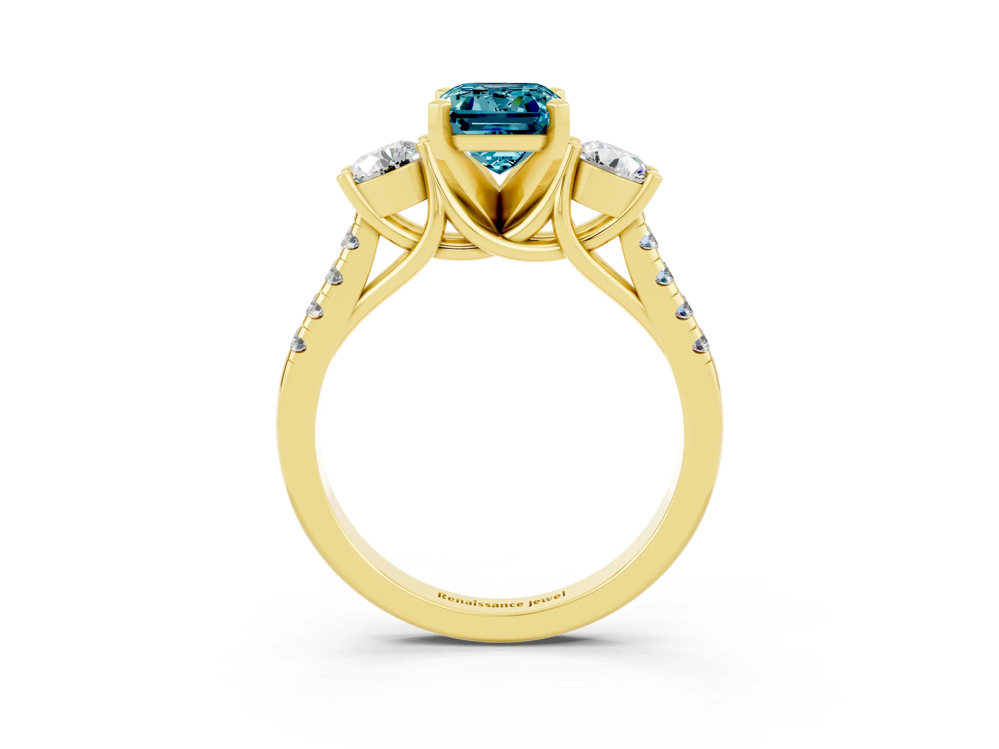 Yellow gold Three-Stone Emerald Cut Blue Topaz Pavé Band with Four-Prong Setting_3