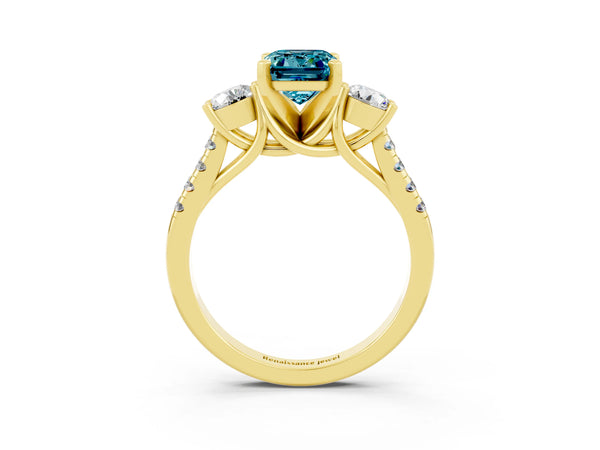 Yellow gold Three-Stone Emerald Cut Blue Topaz Pavé Band with Four-Prong Setting