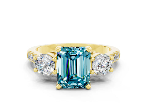 Yellow gold Three-Stone Emerald Cut Blue Topaz Pavé Band with Four-Prong Setting