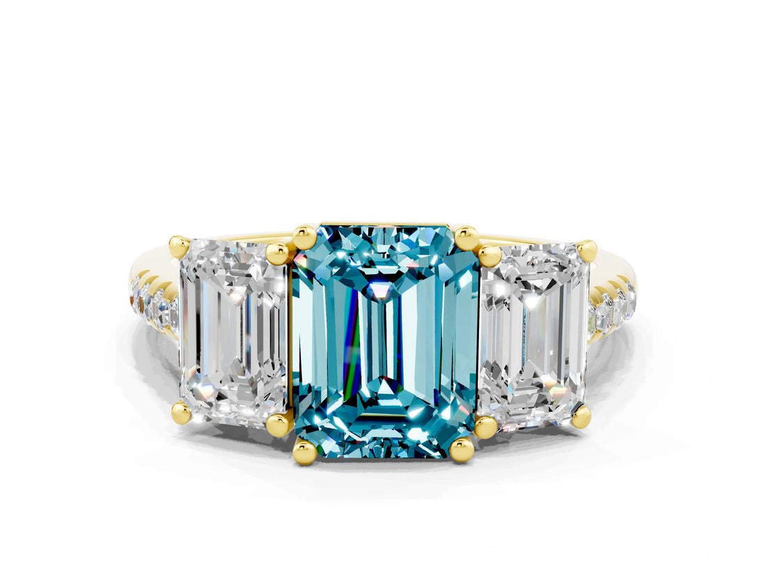 Yellow gold Three-Stone Emerald Cut Blue Topaz Ring with Pavé Band and Prong Setting_12