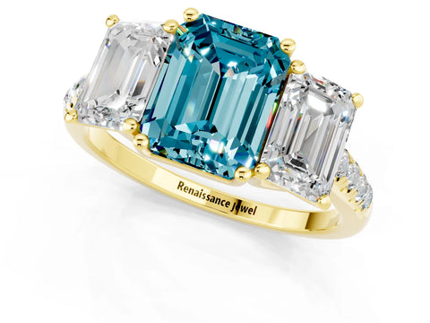 Yellow gold Three-Stone Emerald Cut Blue Topaz Ring with Pavé Band and Prong Setting_13