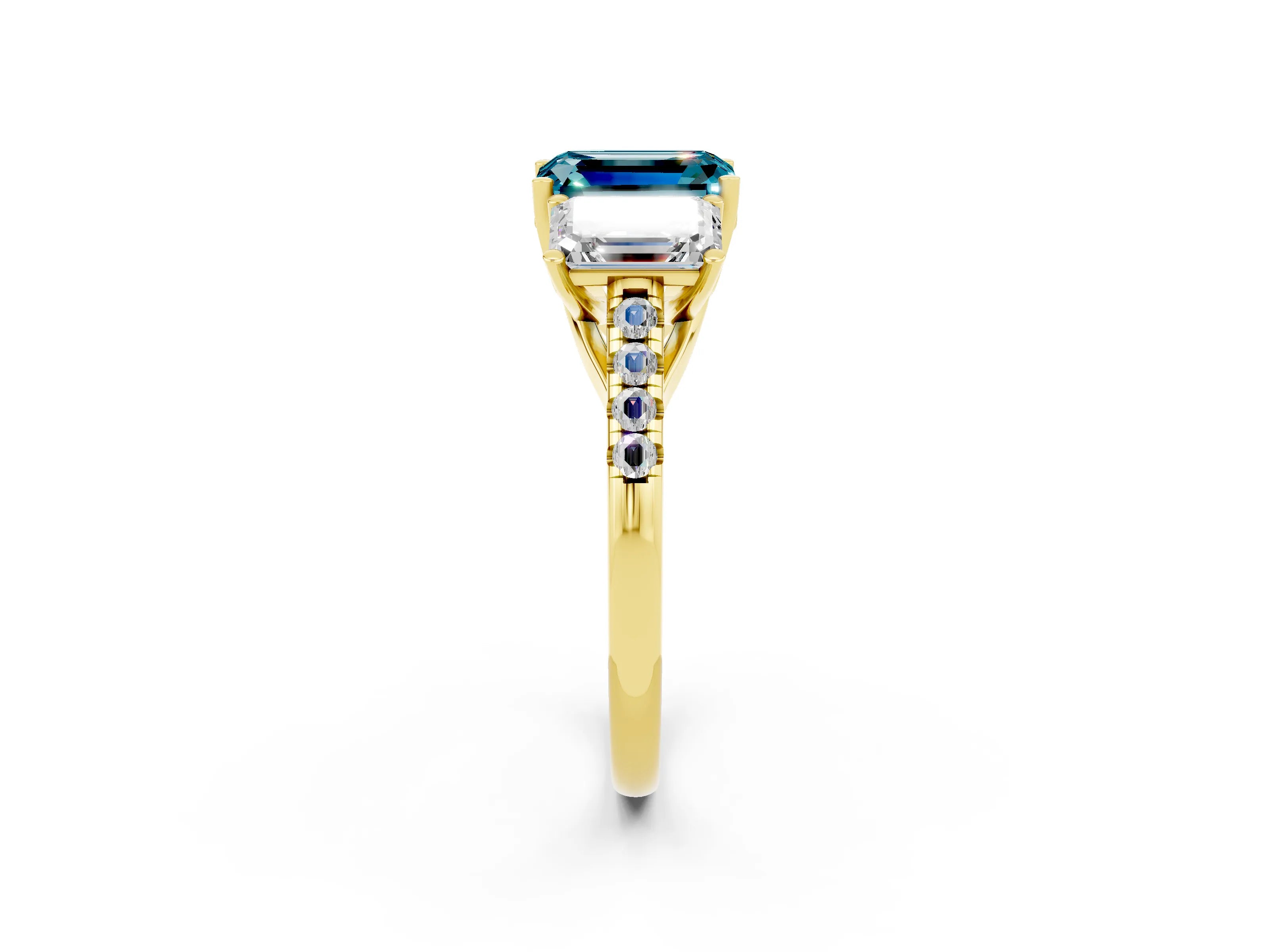 Yellow gold Three-Stone Emerald Cut Blue Topaz Ring with Pavé Band and Prong Setting_14
