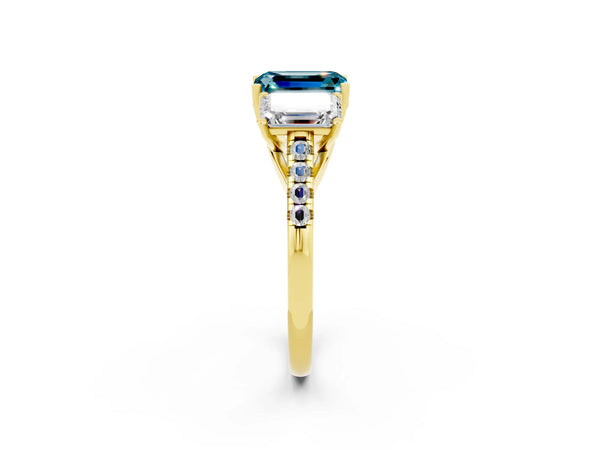 Yellow gold Three-Stone Emerald Cut Blue Topaz Ring with Round  Pavé Band and Prong Setting