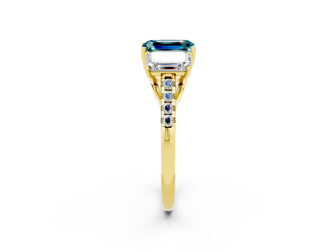 Yellow gold Three-Stone Emerald Cut Blue Topaz Ring with Pavé Band and Prong Setting_14