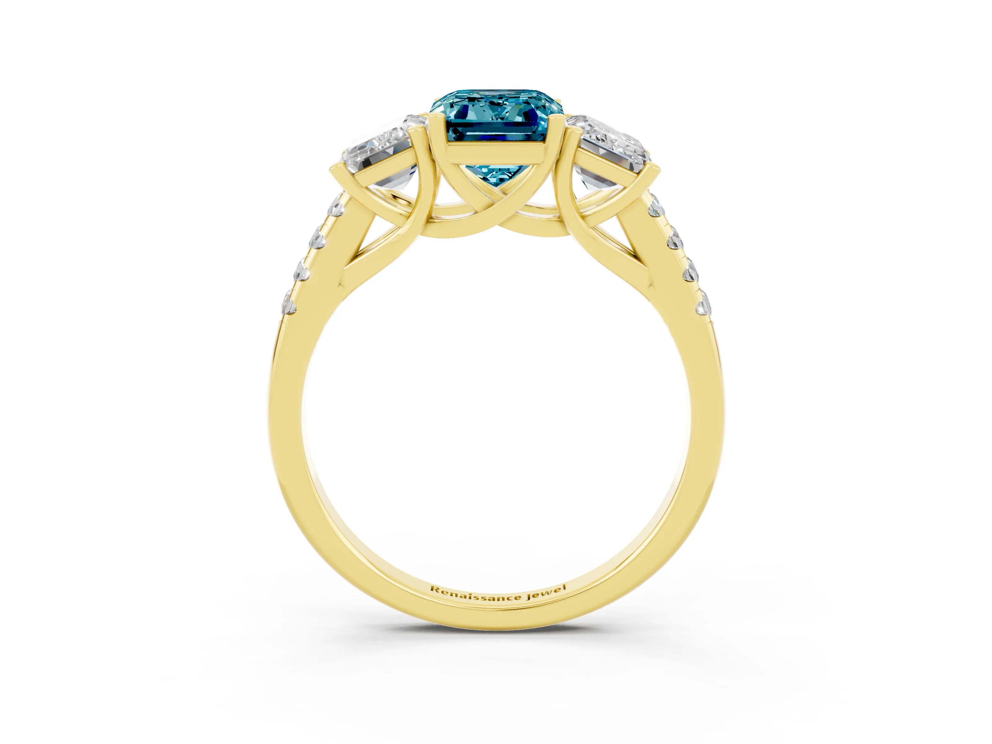 Yellow gold Three-Stone Emerald Cut Blue Topaz Ring with Pavé Band and Prong Setting_15