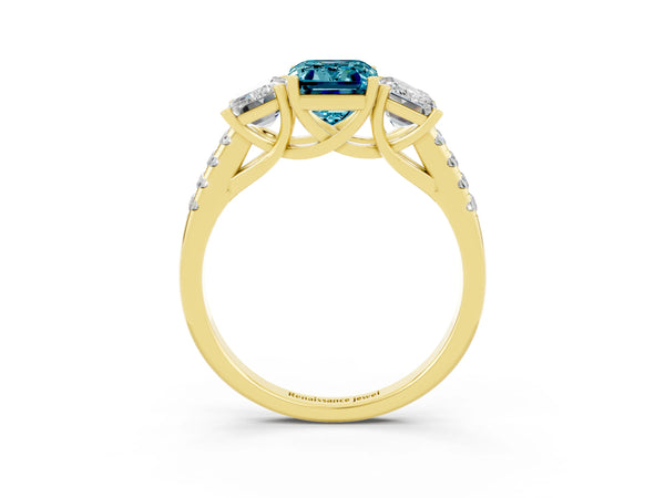 Yellow gold Three-Stone Emerald Cut Blue Topaz Ring with Round  Pavé Band and Prong Setting