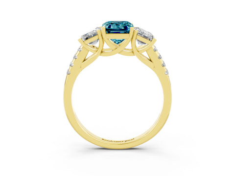 Yellow gold Three-Stone Emerald Cut Blue Topaz Ring with Pavé Band and Prong Setting_15