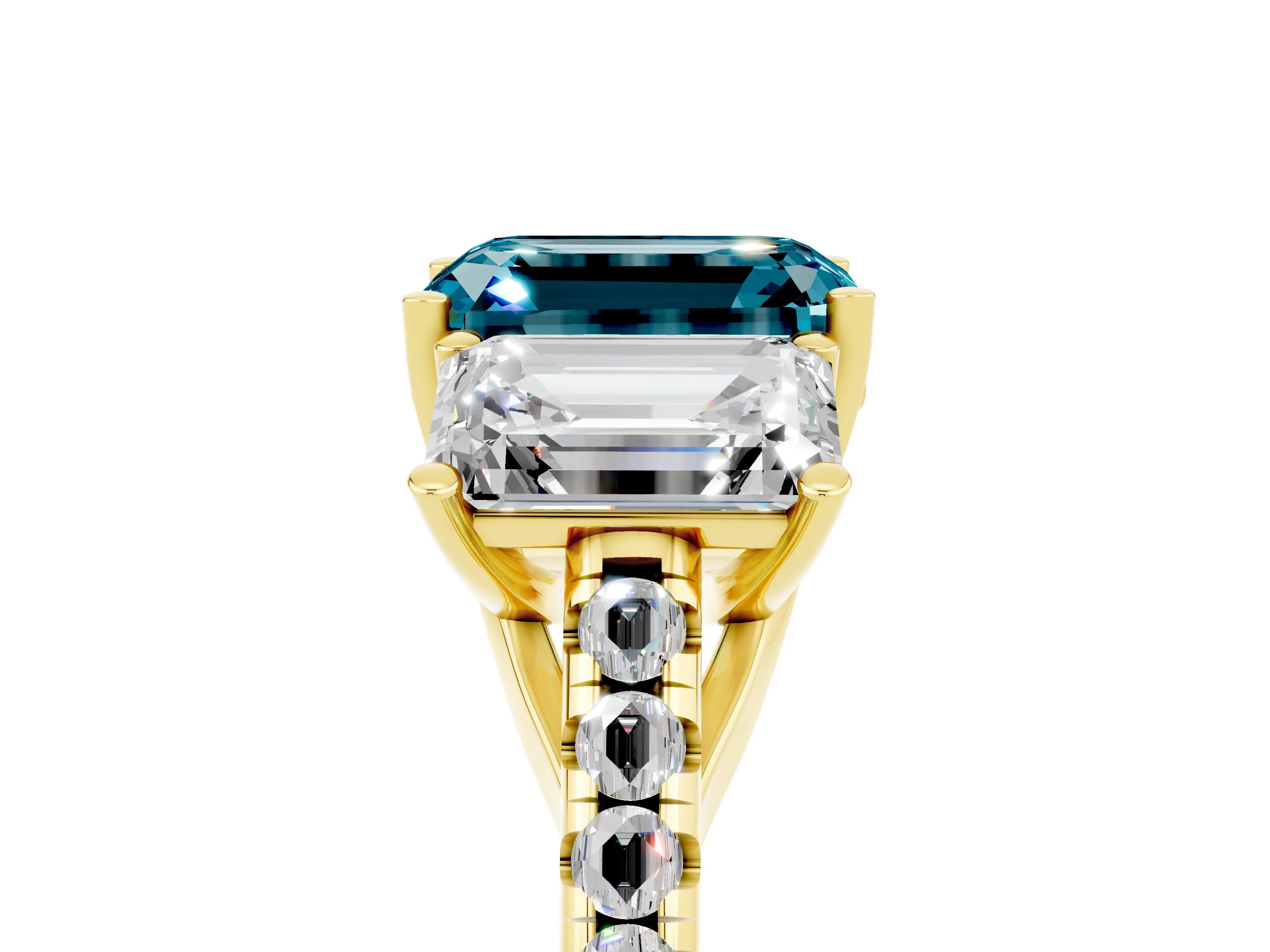 Yellow gold Three-Stone Emerald Cut Blue Topaz Ring with Pavé Band and Prong Setting_17