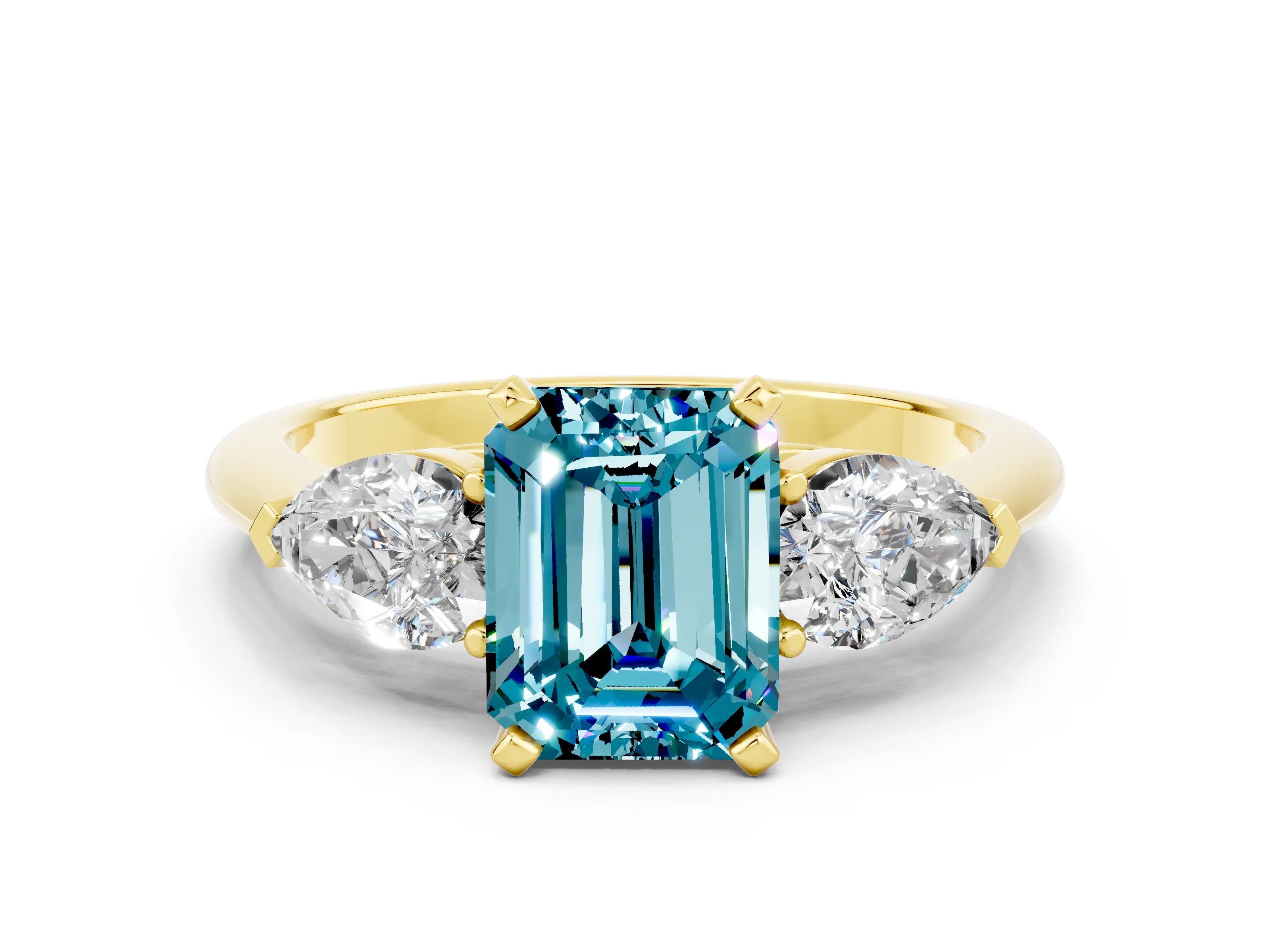 Yellow gold Three-Stone Emerald Cut Blue Topaz Ring with Pear Side Stones and Four-Prong Setting