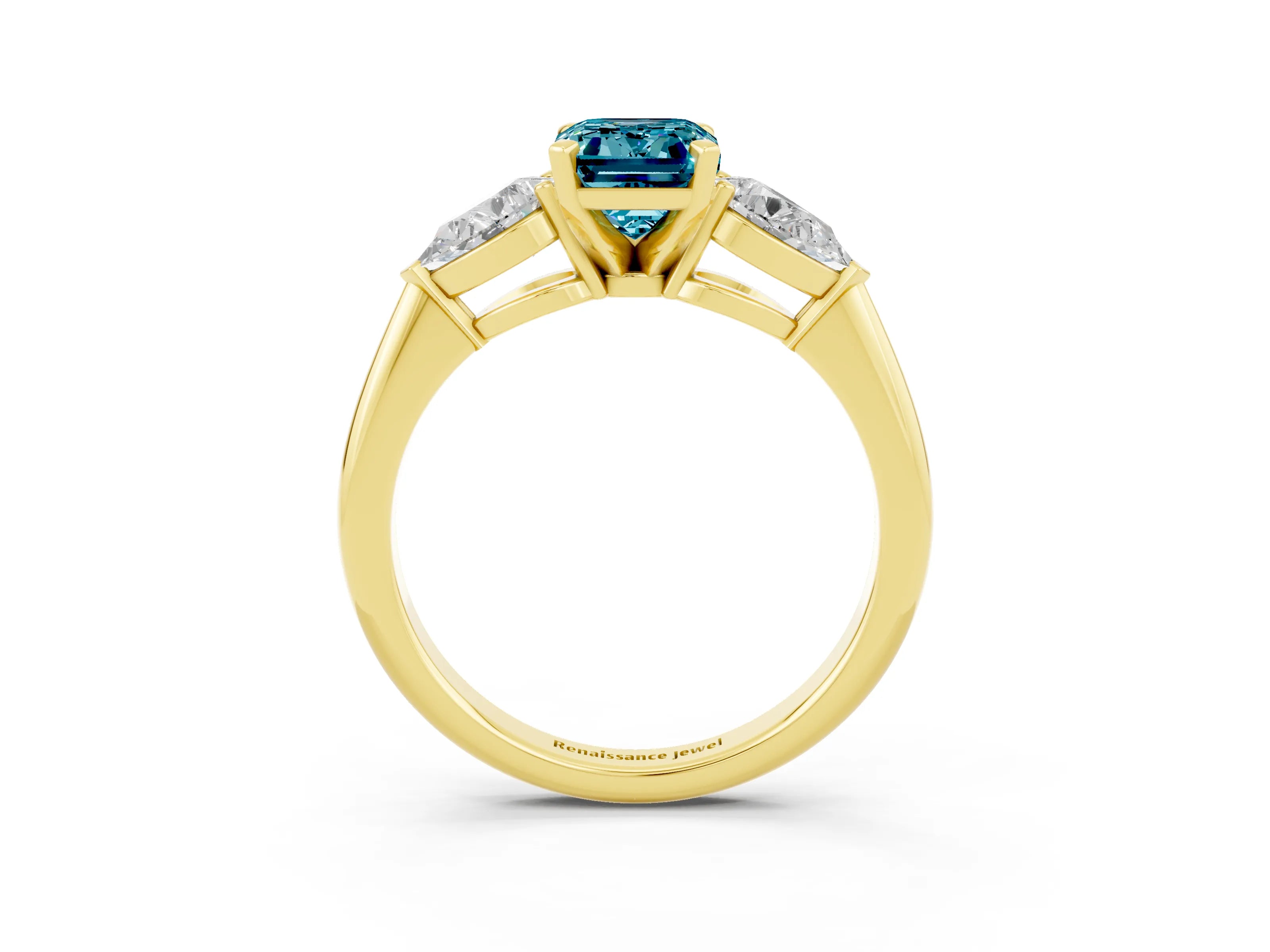 Yellow gold Three-Stone Emerald Cut Blue Topaz Ring with Pear Side Stones and Four-Prong Setting_3
