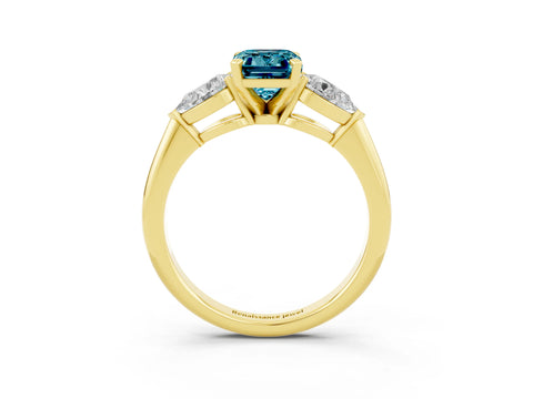 Yellow gold Three-Stone Emerald Cut Blue Topaz Ring with Pear Side Stones and Four-Prong Setting_3