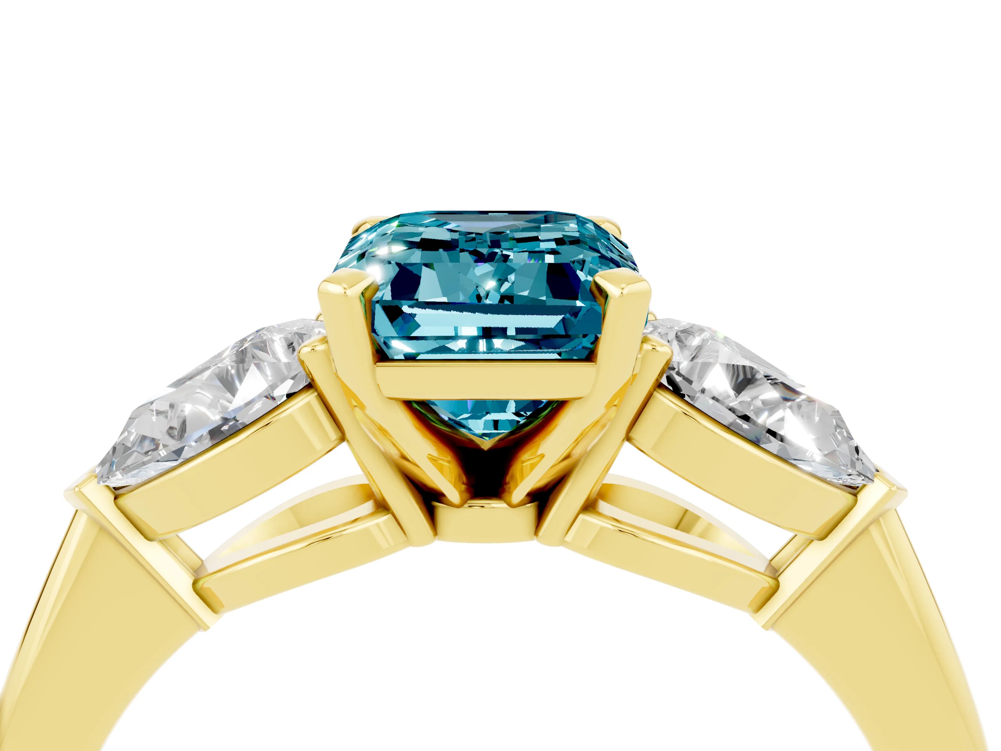 Yellow gold Three-Stone Emerald Cut Blue Topaz Ring with Pear Side Stones and Four-Prong Setting_4