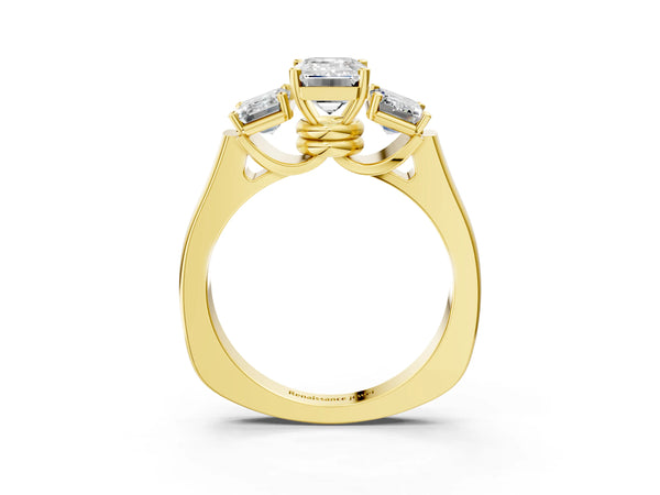 Yellow gold Three-Stone Emerald Cut Brilliant Diamond Trellis Ring with Comfort Fit Band