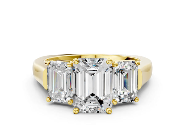 Yellow gold Three-Stone Emerald Cut Brilliant Diamond Trellis Ring with Comfort Fit Band
