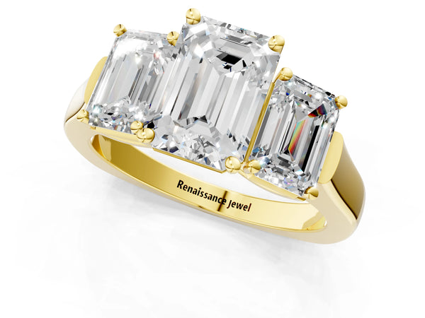 Yellow gold Three-Stone Emerald Cut Brilliant Diamond Trellis Ring with Comfort Fit Band