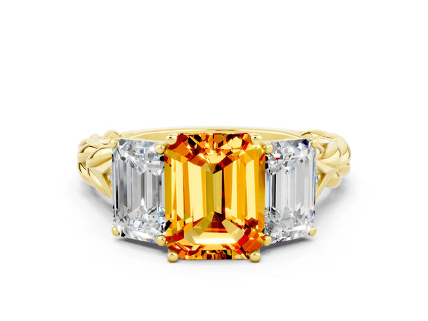 Yellow gold Three-Stone Emerald Cut Citrine Braided Band Ring with Four-Prong Setting