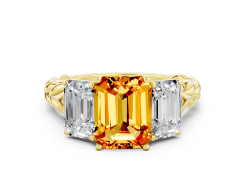 Yellow gold Three-Stone Emerald Cut Citrine Braided Band Ring with Four-Prong Setting_36