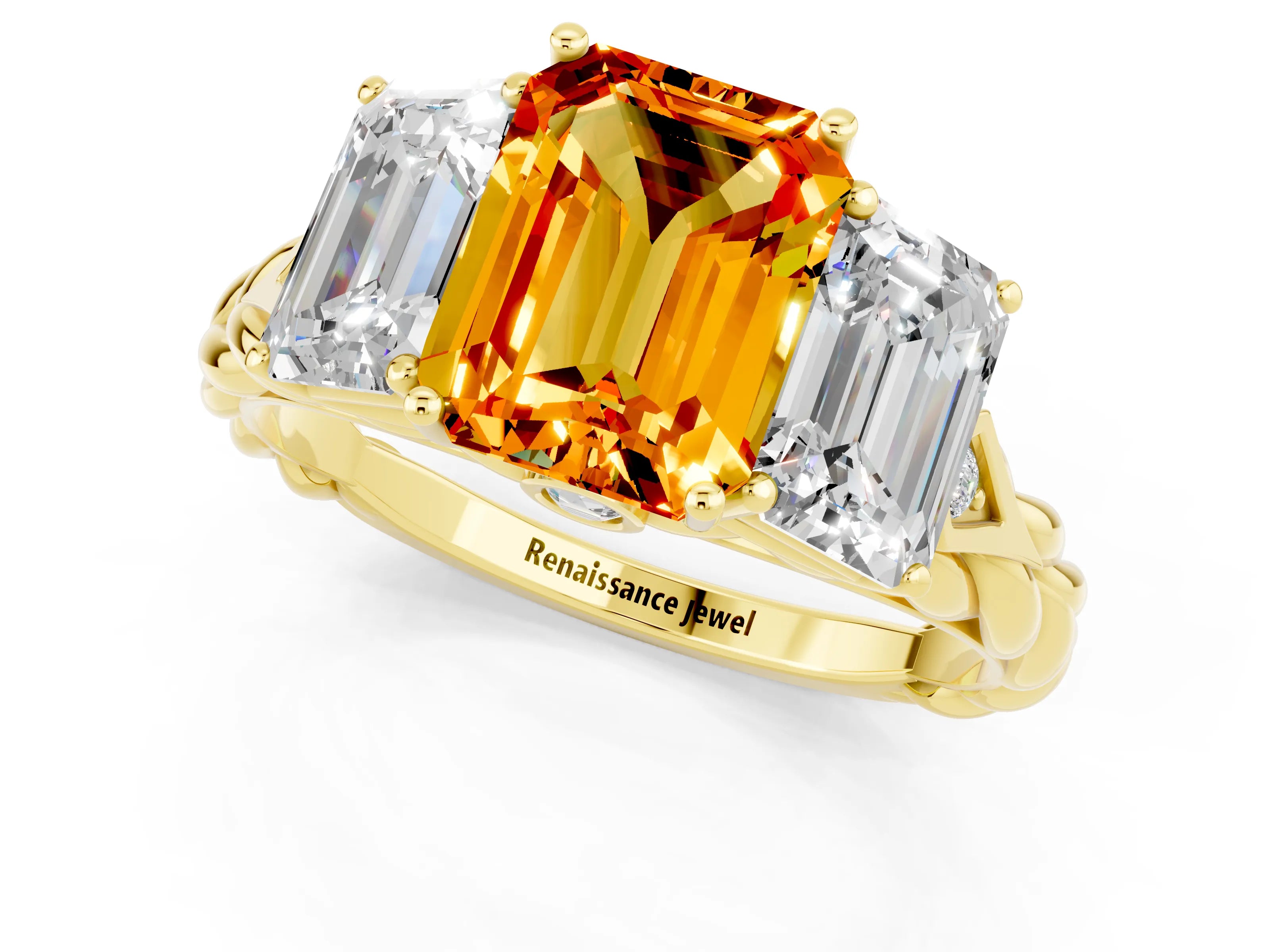 Yellow gold Three-Stone Emerald Cut Citrine Braided Band Ring with Four-Prong Setting_37