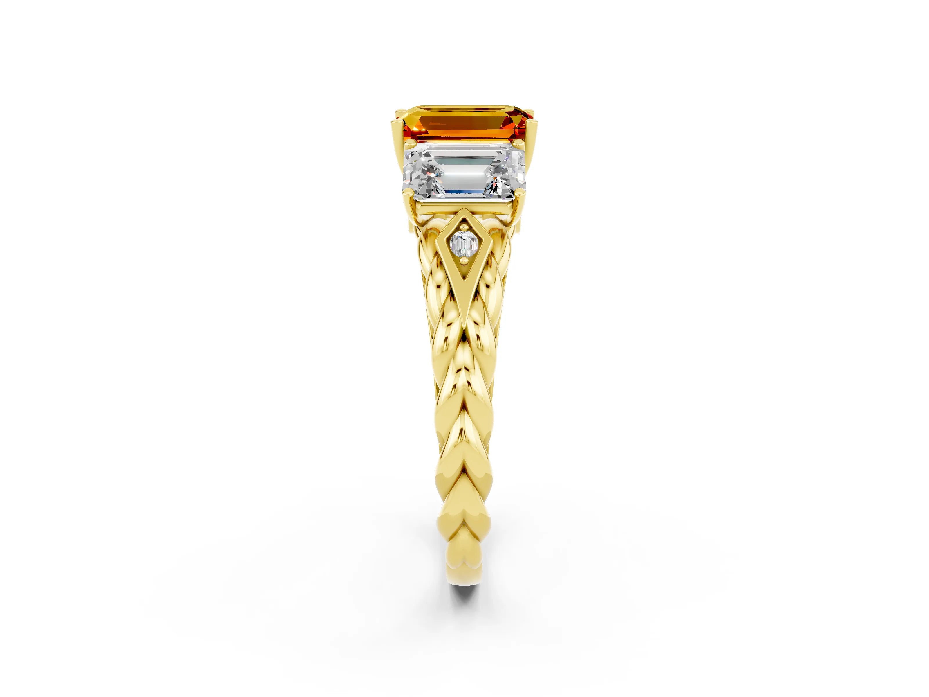 Yellow gold Three-Stone Emerald Cut Citrine Braided Band Ring with Four-Prong Setting_38